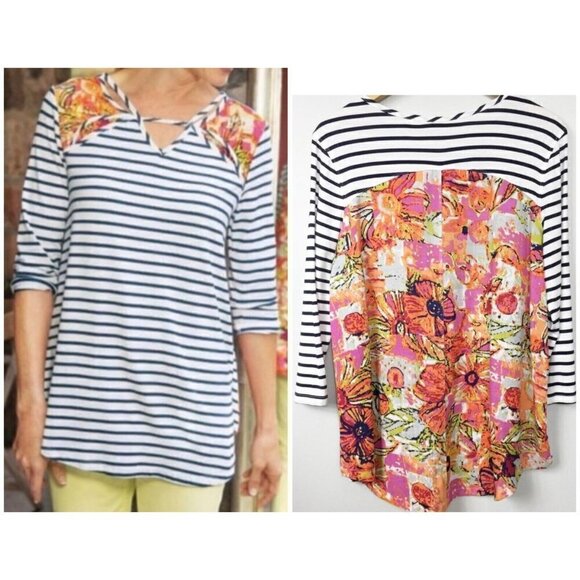 Sharon Young Sz S Floral Print French Striped Swing Blouse Tunic Top NWT NEW - Picture 3 of 9